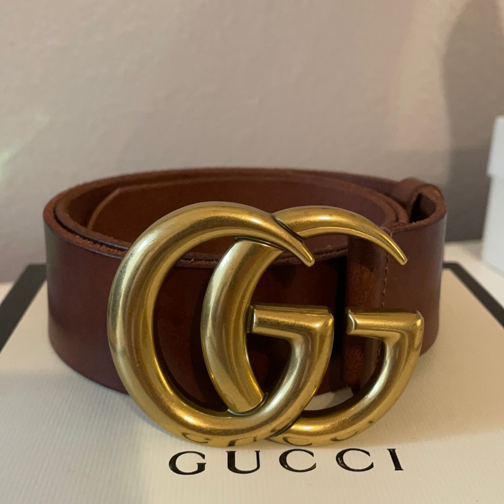 Gucci brown leather belt with double g buckle gold
